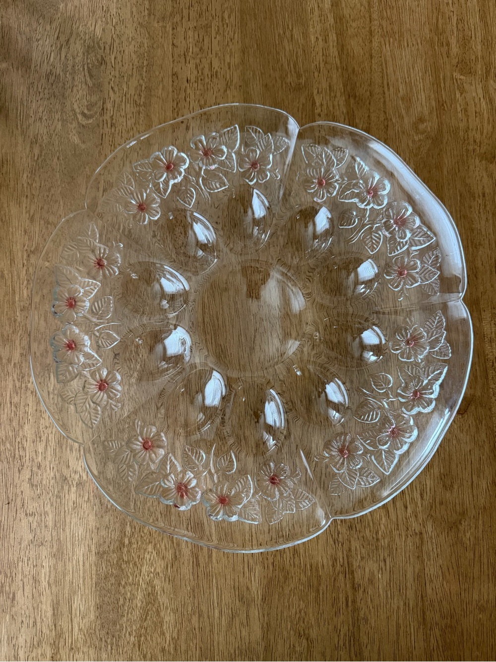 Clear Floral Glass Egg Serving Platter with Pink Accent
